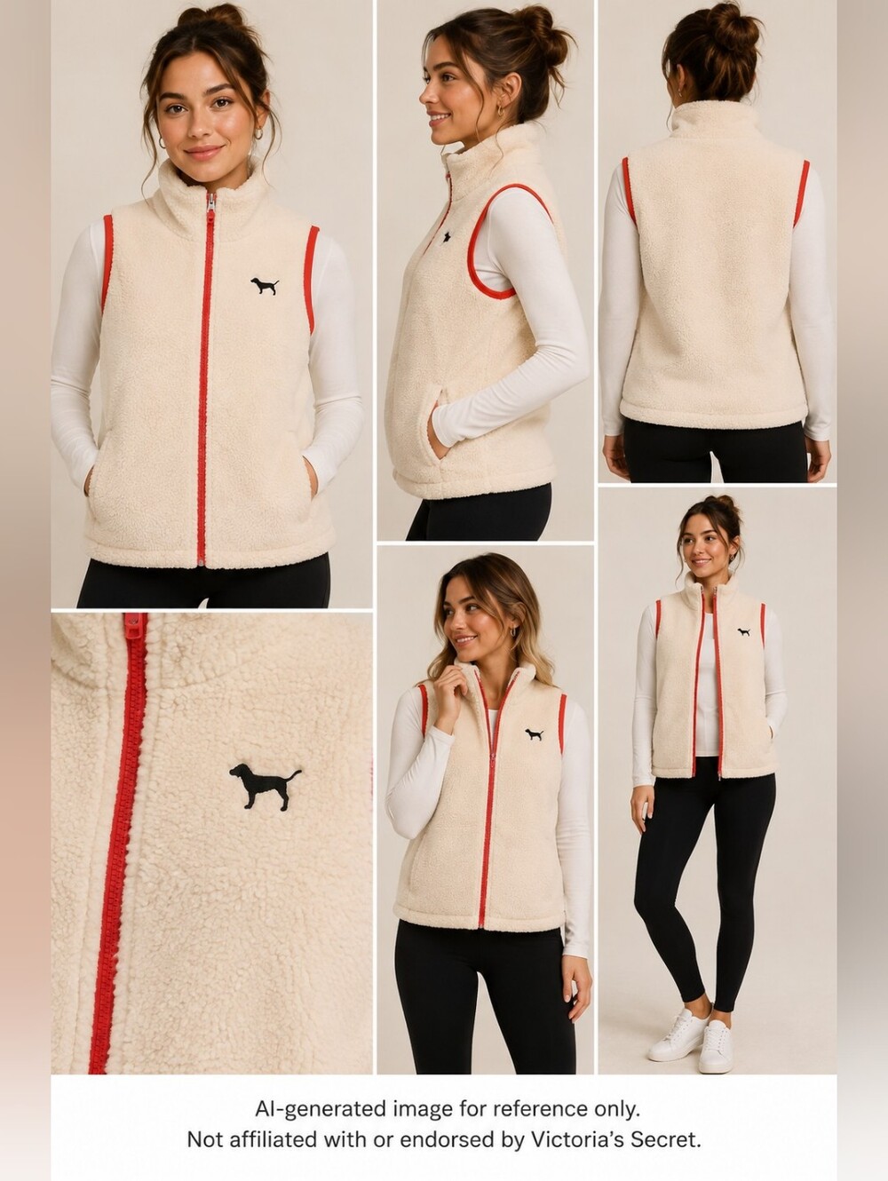 Victoria’s Secret PINK Sherpa Fleece Zip Vest Cream Red Trim Size Small